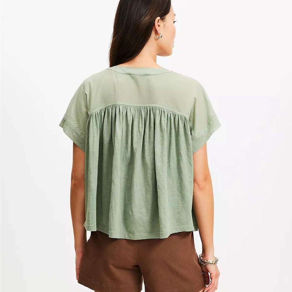NWT LOFT Split Neck Mixed Media Top L Large in Bay Green 100% Cotton - Picture 3 of 10